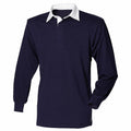 A navy blue FR100 rugby shirt from Front Row, featuring long sleeves, a white collar, and a buttoned neckline, is displayed against a plain white background.