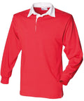 The FR100 by Front Row is a red long-sleeve rugby shirt featuring a white collar and cuffed sleeves, presented against a plain white background.
