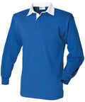 A blue long-sleeve Front Row rugby shirt, model FR100, featuring a white collar and button placket. It includes ribbed cuffs and is crafted from a comfortable, breathable material. The brand label is visible inside the collar.
