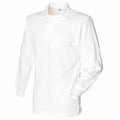 FR100, a white long-sleeve polo shirt by Front Row, featuring a collar and ribbed cuffs displayed against a plain background.