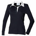 The FR101 by Front Row, a black long-sleeve polo shirt featuring a white collar, is displayed on a mannequin.