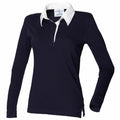 FR101 by Front Row is a long-sleeve navy blue polo shirt featuring a white collar and buttoned cuffs.