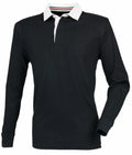The Front Row FR104 is a black long-sleeve polo shirt with a contrasting white collar and a buttoned placket.