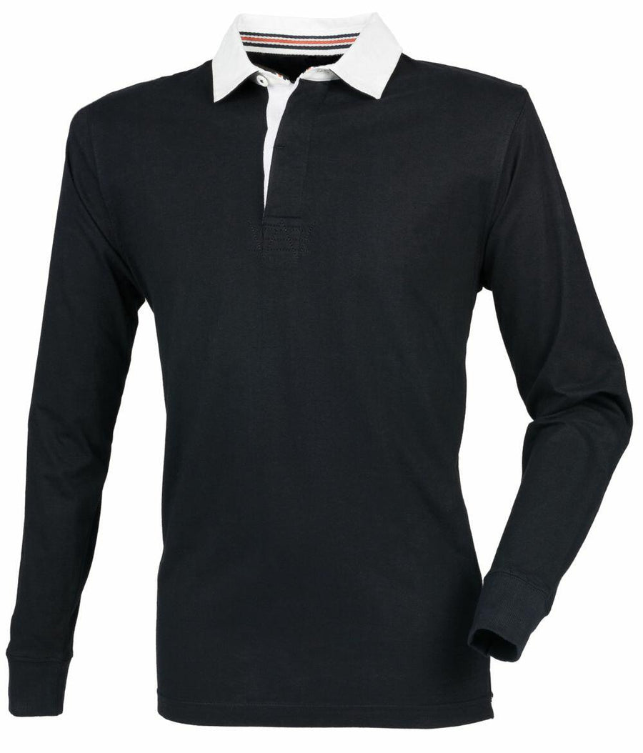 The Front Row FR104 is a black long-sleeve polo shirt with a contrasting white collar and a buttoned placket.