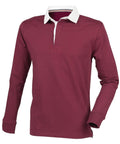 The FR104 by Front Row is a burgundy rugby shirt featuring long sleeves, a white collar, and a button placket.