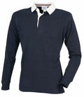 A Front Row FR104 long-sleeved rugby shirt in dark blue, featuring a white collar and partial button placket, is displayed on an invisible mannequin against a white background.