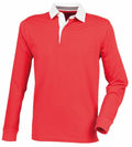 The Front Row FR104 features a red long-sleeve rugby shirt with a white collar and a partially open button placket, showcased against a white background.