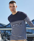 A man wearing a navy blue and white striped long-sleeve Front Row FR134 shirt leans against a metal railing with a blue sky and modern buildings in the background.