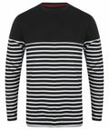 The FR134 long-sleeve shirt by Front Row features a black upper section with white and black horizontal stripes on the lower half and sleeves.