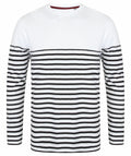 Introducing the FR134 by Front Row: a long-sleeve shirt featuring a solid white top complemented by horizontal black and white stripes on the lower half.