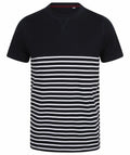 FR135 by Front Row is a short-sleeved t-shirt featuring a solid black upper section and horizontal black and white stripes on the lower section, complemented by a round neck design.