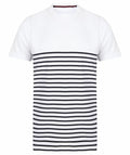 Front Row's FR135 t-shirt in white, featuring black horizontal stripes on its lower half.