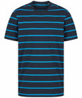 A navy blue t-shirt with horizontal light blue stripes from Front Row, model FR136.