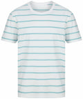 Front Row’s FR136 T-shirt, featuring light blue horizontal stripes on a white background.
