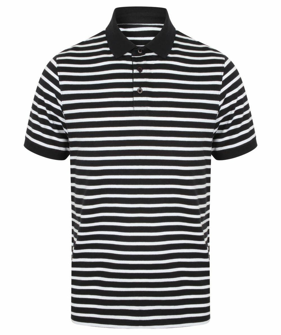 Front Row's FR230 is a black and white striped polo shirt featuring a black collar and three buttons.