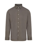 A long-sleeved olive green button-up shirt with a classic collar and white buttons is displayed on a white background. Product: Shirts.