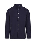 A dark navy blue, long-sleeved button-up shirt called ‘Shirts’ features a collar and white buttons, shown against a plain white background.