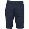 The FR605 by Front Row is a pair of knee-length navy blue shorts with a button and zipper closure, complete with belt loops and a plain design.