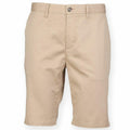 Front Row's FR605 shorts in beige, featuring a knee-length design with a button closure and side pockets.