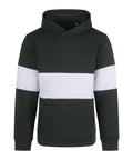 The Hoodies product is a dark green hooded jumper with a large white horizontal stripe across the chest and sleeves, a front pocket, and no visible logos or designs.