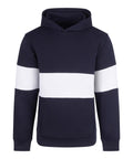 A navy blue hoodie featuring a white horizontal stripe across the chest and upper sleeves, front pocket, and no visible branding or logos.