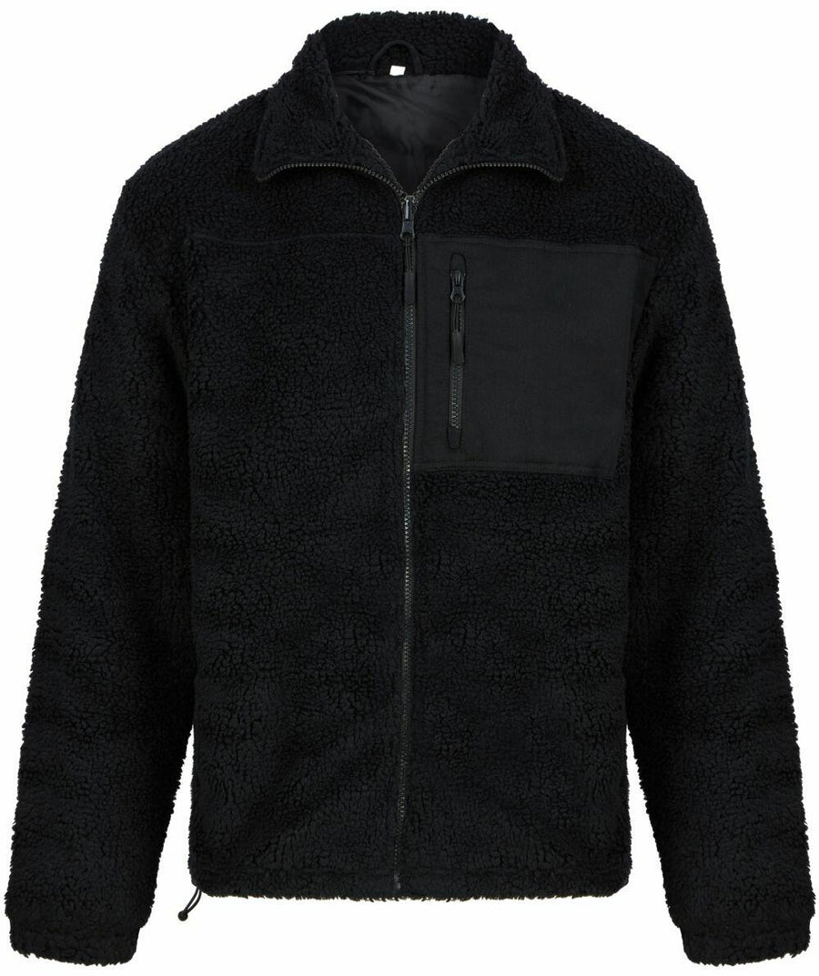 The FR854 by Front Row is a black fleece jacket featuring a front zipper, high collar, and a zippered chest pocket.