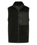 The Gilets & Body Warmers features a black sleeveless design with a front zip, stand-up collar, left zipped chest pocket, and mixed fleece and fabric panels.