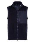 The Gilets & Bodywarmers is a black sleeveless fleece gilet featuring a front zip, stand-up collar, left zipped chest pocket, textured fleece exterior, and smooth fabric panels.