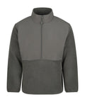 The "Fleece" is a grey pullover jacket with a high collar, half-zip front, and long sleeves. It features two slightly different shades of grey on the upper and lower sections and has a simple, unadorned design.