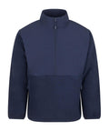 The Fleece is a navy blue pullover jacket with a half-zip front, high collar, long sleeves, and front pockets. It features a simple, solid colour design.