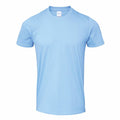 A plain light blue Gildan GD001 T-shirt on a white background, featuring short sleeves and a crew neckline.