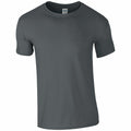 A simple, dark gray short-sleeved T-shirt with a round neckline from Gildan, displayed against a white background, identified as GD001.