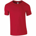 The Gildan GD001 T-shirt, featuring short sleeves and a round neckline, is displayed against a white background in plain red.