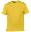 A Gildan GD001 t-shirt in plain yellow, showcased against a white background. This t-shirt features short sleeves and a round neckline.