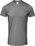 A plain gray T-shirt from Gildan, labeled as product GD001, is displayed against a white background. The T-shirt features a round neck and short sleeves, with no visible designs or logos.