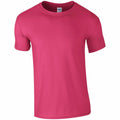 The Gildan GD001 is a plain pink short-sleeve T-shirt featuring a crew neck and a simple design, displayed on a white background.