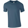The Gildan GD001 is a plain, blue T-shirt displayed on a white background. This shirt features short sleeves and a round neckline, showcasing a simple and casual design.