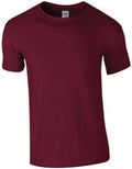 A plain maroon T-shirt from Gildan's GD001 line, featuring short sleeves and a round neckline, displayed on a white background.