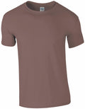A Gildan GD001 T-shirt, showcased against a white backdrop, features a plain brown design with short sleeves and a round neckline for a simple, casual look.