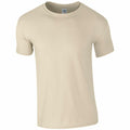 The GD001 by Gildan is a plain beige short-sleeve T-shirt showcased against a white background. Its minimalist design highlights the round neckline and the soft texture of the fabric.