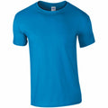 A Gildan T-shirt, product name GD001, is displayed against a white background. The shirt features short sleeves and a round neckline in a plain blue color.