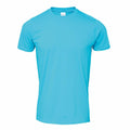 The Gildan GD001 is showcased against a white background, featuring a light blue color with a round neckline and short sleeves.