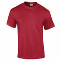 The GD002 by Gildan is a plain red T-shirt showcased against a white background, featuring a crew neck and short sleeves.