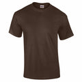 A plain, dark brown Gildan GD002 T-shirt on a white background. The shirt features short sleeves, a crew neck, and has a small tag visible inside the neckline.