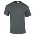 Gildan's GD002 gray crew neck t-shirt displayed against a white background.