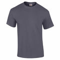 A plain dark gray T-shirt from Gildan, product GD002, is displayed on a white background. The T-shirt features a classic crew neck and short sleeves.