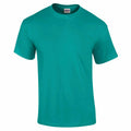 A solid green T-shirt, featuring a classic crew neck style and devoid of any patterns or logos, is displayed on a white background. This shirt is the GD002 model by Gildan.