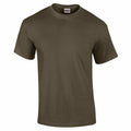 A Gildan GD002 army green t-shirt featuring short sleeves and a crew neckline.