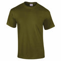 A Gildan GD002 t-shirt in plain olive green, showcased against a white background. It features a round neck and short sleeves.