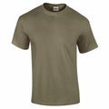 The Gildan GD002 is a plain olive green T-shirt featuring short sleeves and a round neckline, displayed against a white background.